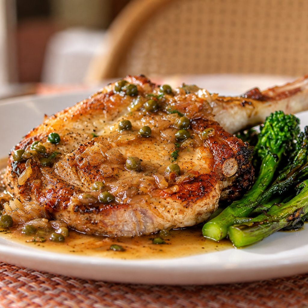 Seared pork chop with pan jus